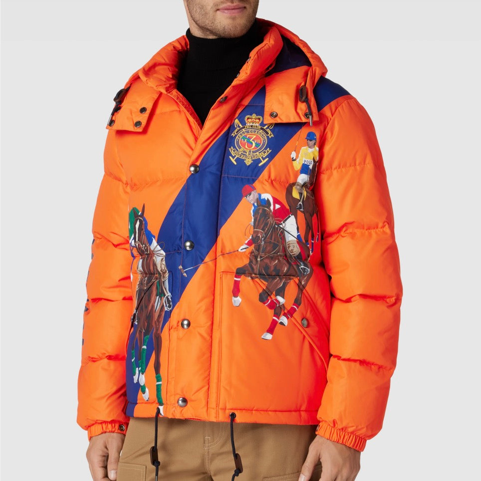 The jacket is printed with a reinvention of our iconic Polo Player motif – known by fans as "The Five Horsemen" – and features three polo players, caught mid-gallop. Its detachable hood, insulating down fill and water-resistant shell allow for protection against the elements.