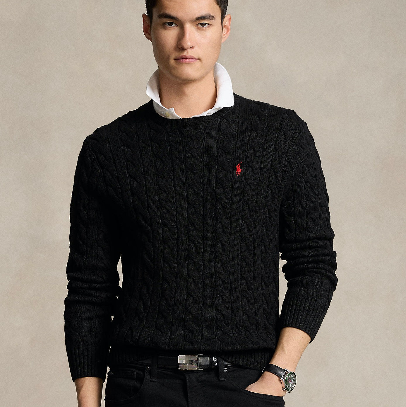 This cotton sweater combines two of Polo’s most iconic design elements: a textural cable-knit motif and our signature Pony.