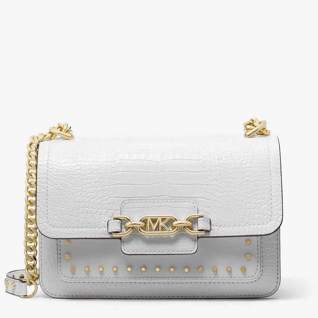 Studded Crocodile Embossed Leather Optic White