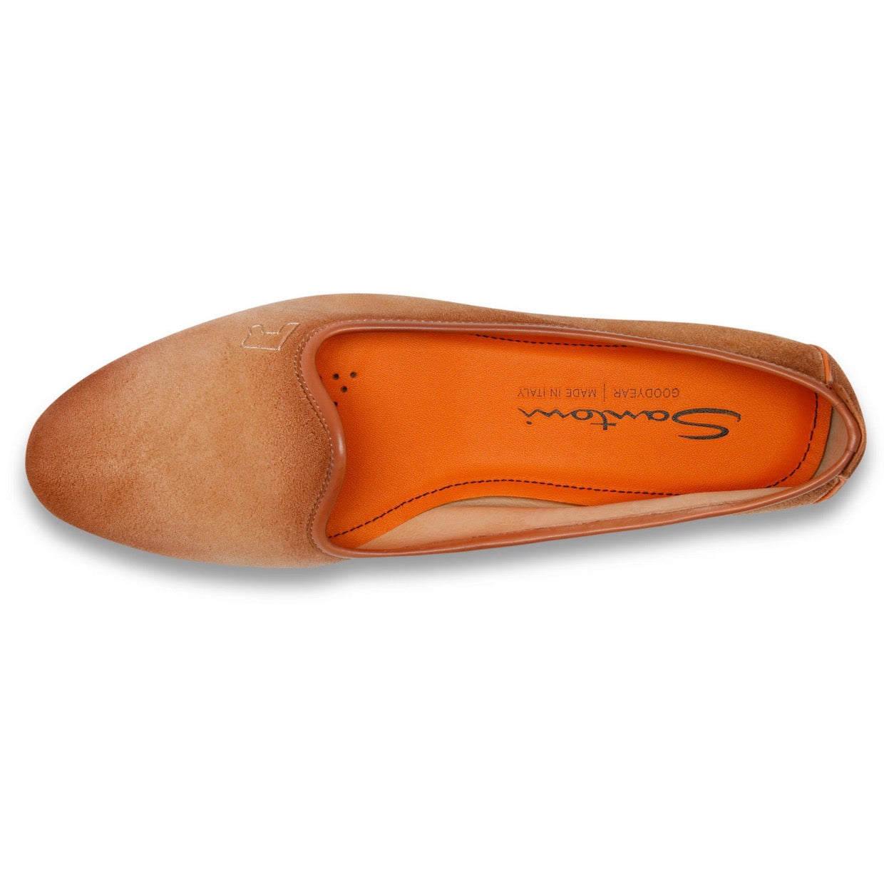 Elevate your everyday wardrobe with this suede loafer, adding a refined update to office-to-evening looks. Its sleek silhouette is accentuated with refined leather trims, featuring a contrast orange sole to mark every stride with signature Santoni allure. Designed with a Goodyear welt construction for a soft, flexible feel.