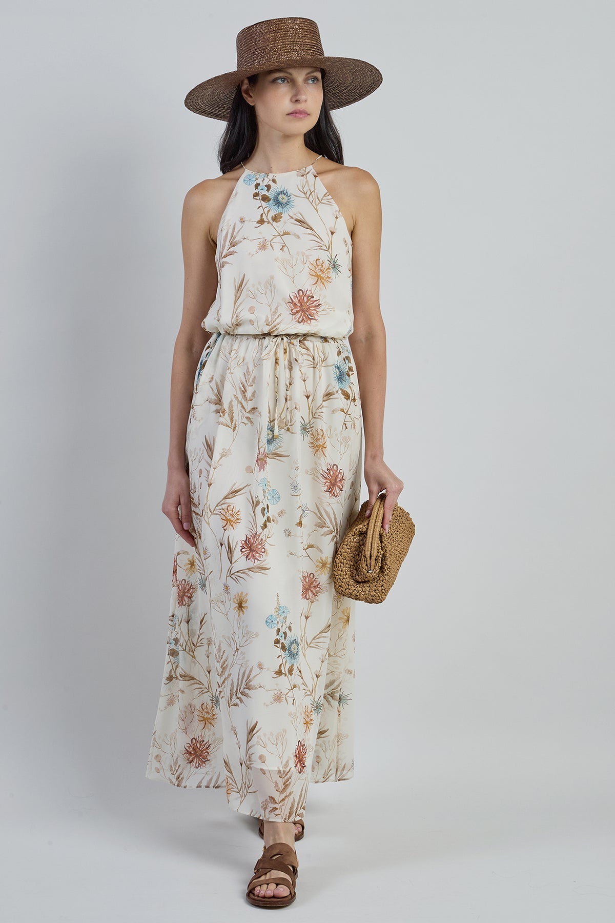 LONG SLEEVELESS PRINTED SILK DRESS WITH FLORAL PATTERN SAND | ELEVENTY