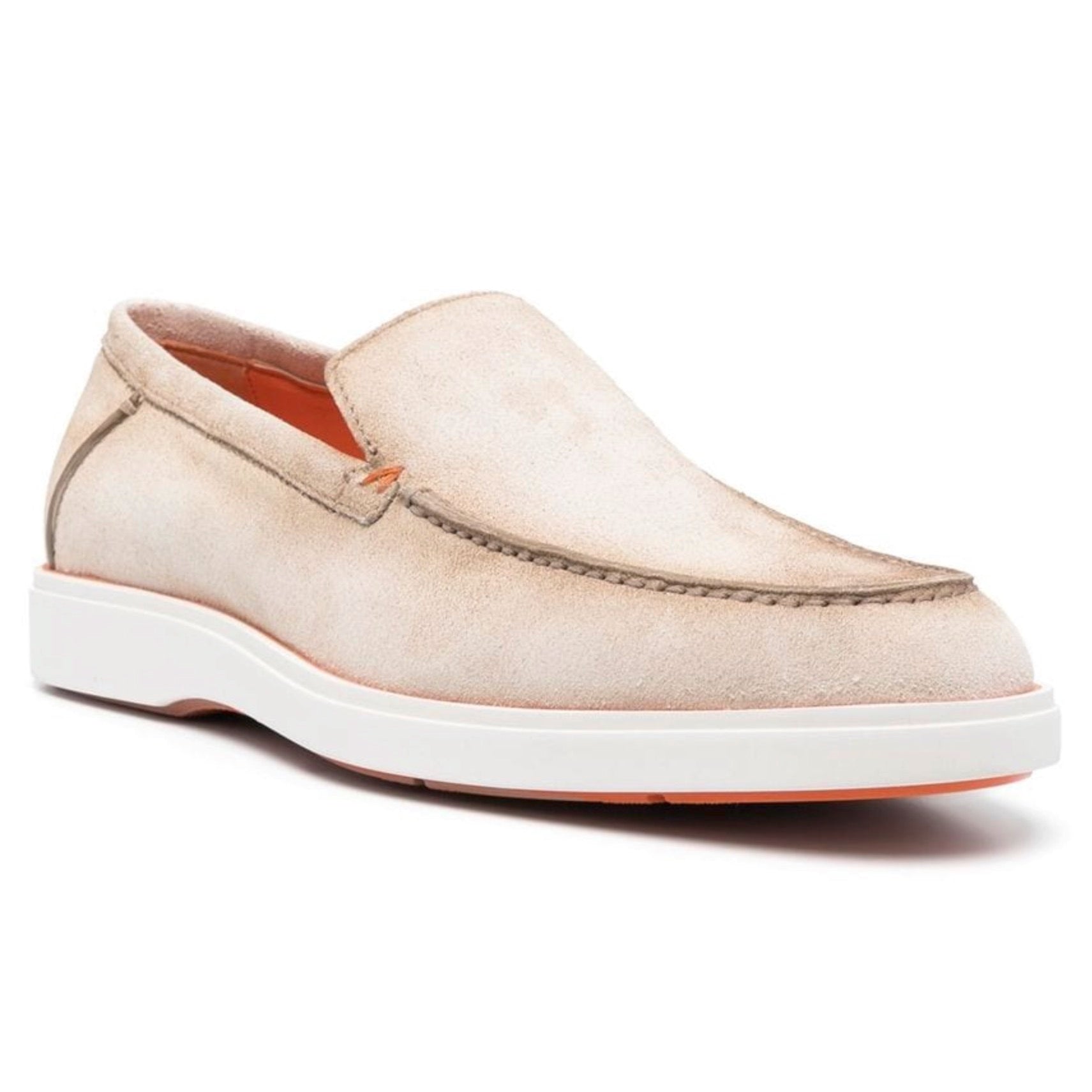 A quintessential Santoni silhouette, these loafers are crafted from smooth suede with a tapered almond-toe silhouette. The understated pair is marked with signature orange detailing for a subtle yet recognisable look.