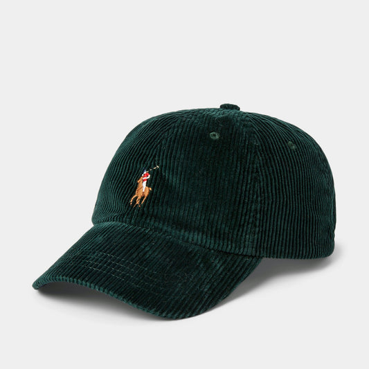 Ralph Lauren’s signature multicolored embroidered Pony accents the front of this corduroy ball cap, which is finished with a buckled leather strap at the back.