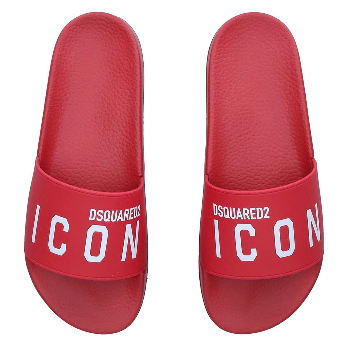 Rosso slides from Dsquared2. Sitting on a rosso rubber sole, they showcase a white graphic print with the brand's logo. 