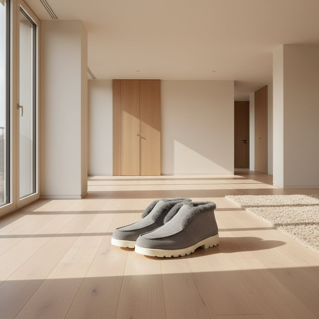 Suede leather loafers with fur lining. Almond-shaped cape, ribbed sole.