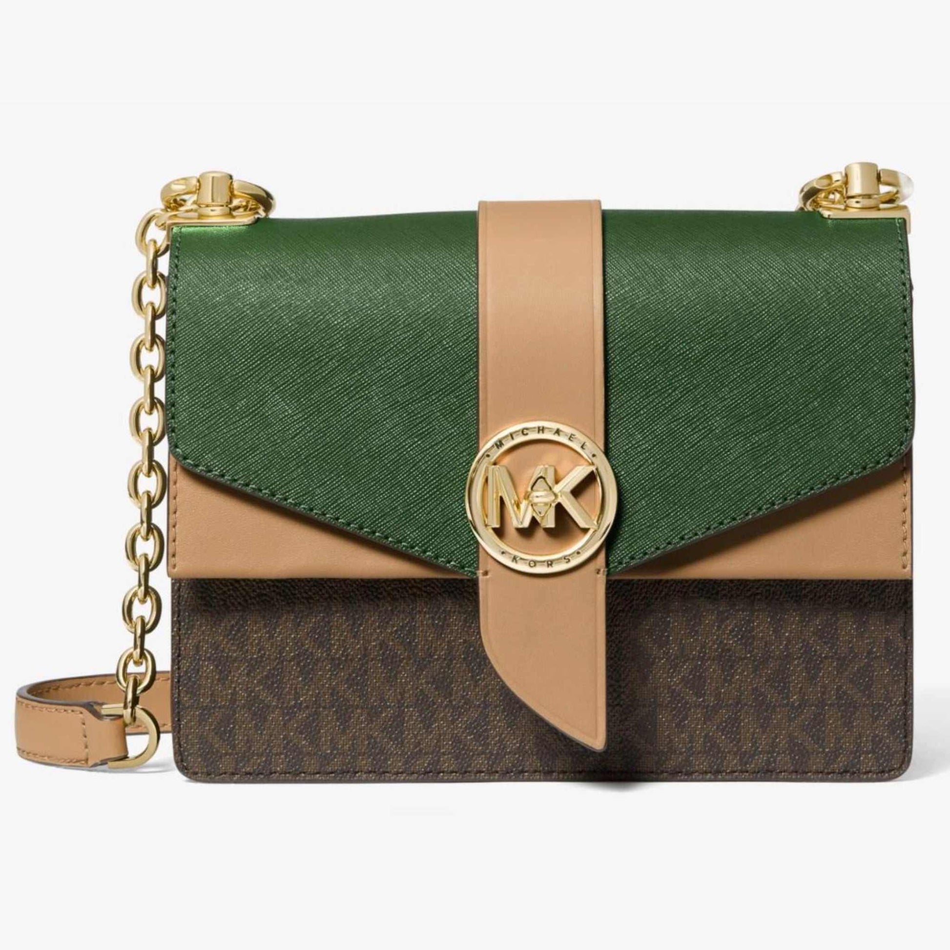 Dress it up or down: our color-blocked logo and Saffiano leather Greenwich crossbody bag is the ultimate finishing touch to create a polished look. It’s designed in a structured silhouette with a sleek turn-lock closure and an adjustable gold-tone chain strap—store your phone, card case and keys in the pocketed interior.