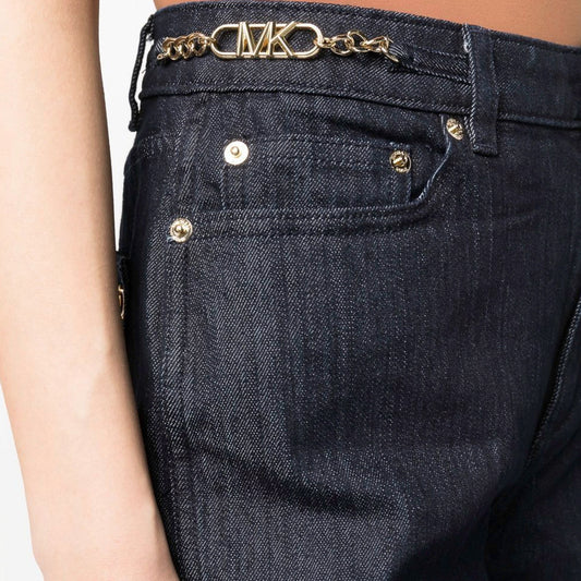 Straight-leg chain-detail jeans indigo rinse, cotton blend, denim, chain-link detailing, logo plaque, classic five pockets, concealed fly and button fastening, belt loops, straight leg and straight hem.
