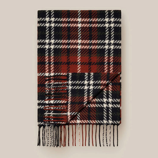 A warming winter scarf in 100% wool woven in a red, white, green and navy blue check pattern. 30x200 cm. Made in Italy.