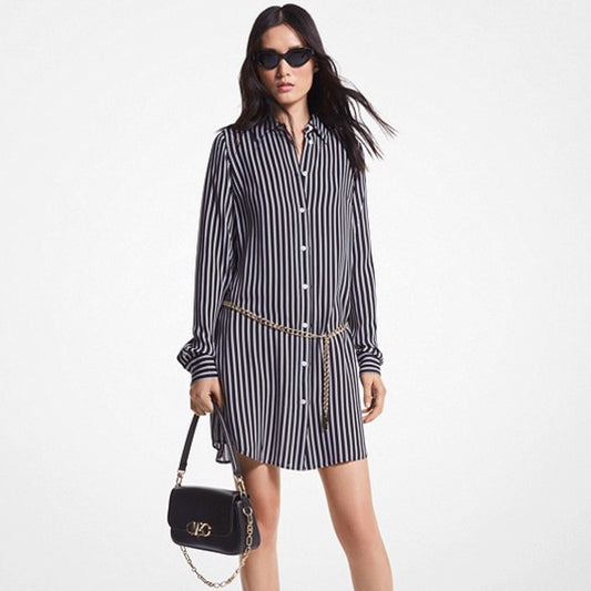 This striped shirtdress is a day-to-night style no wardrobe should be without. Cut from viscose blended with silk, it has a neatly tailored collar, chain-link belt and curved hem. Wear yours with flats to work and swap for heels come dinner.
