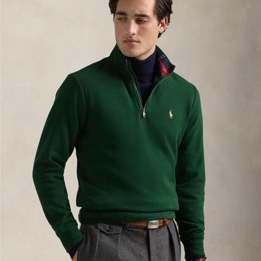 Perfect for teaming with sweats, jeans, or shorts, this cotton-blend sweatshirt is sure to become a well-loved piece. Plaid twill lining at the neckline adds a pop of pattern.