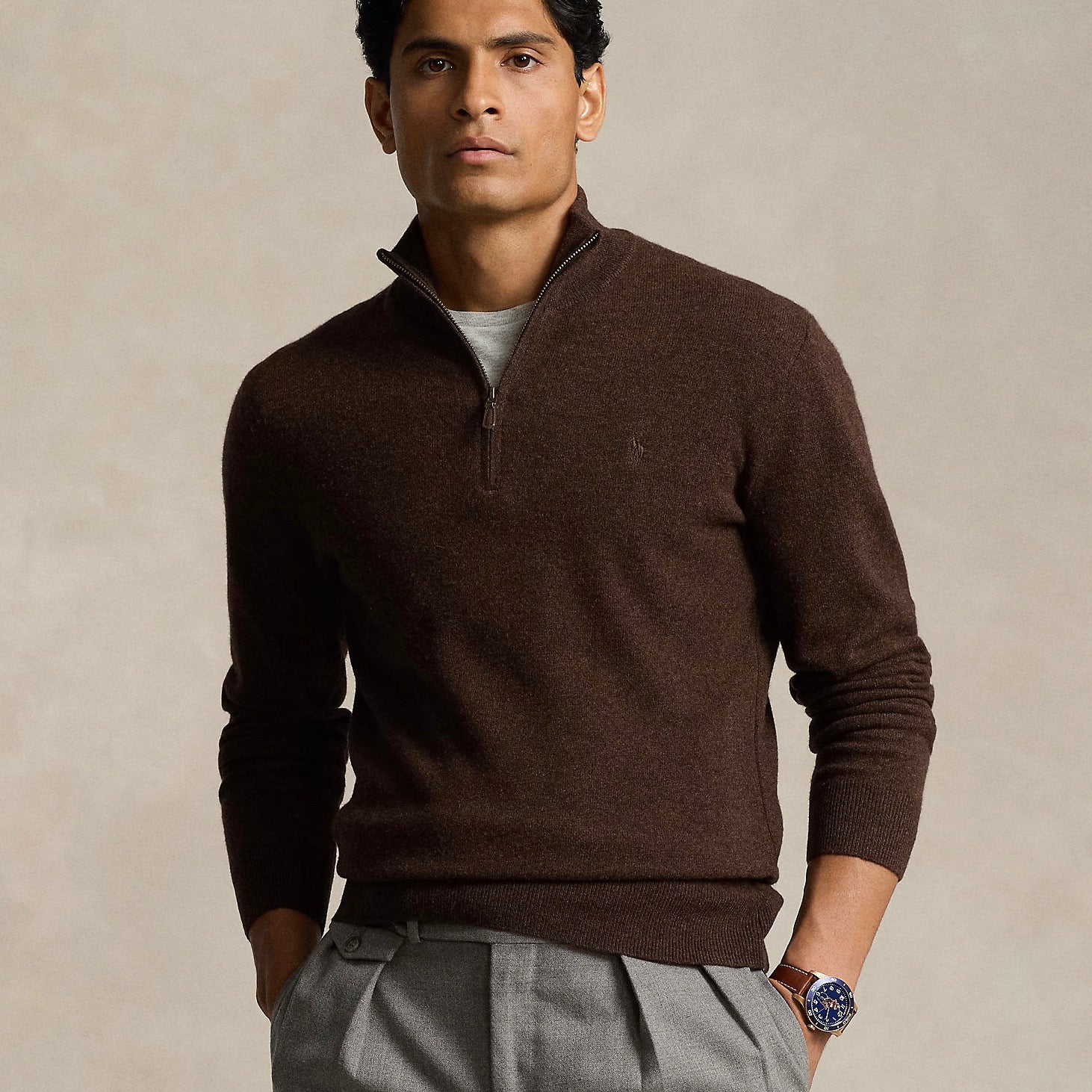Luxurious Italian wool and our signature embroidered Pony elevate this quarter-zip sweater.